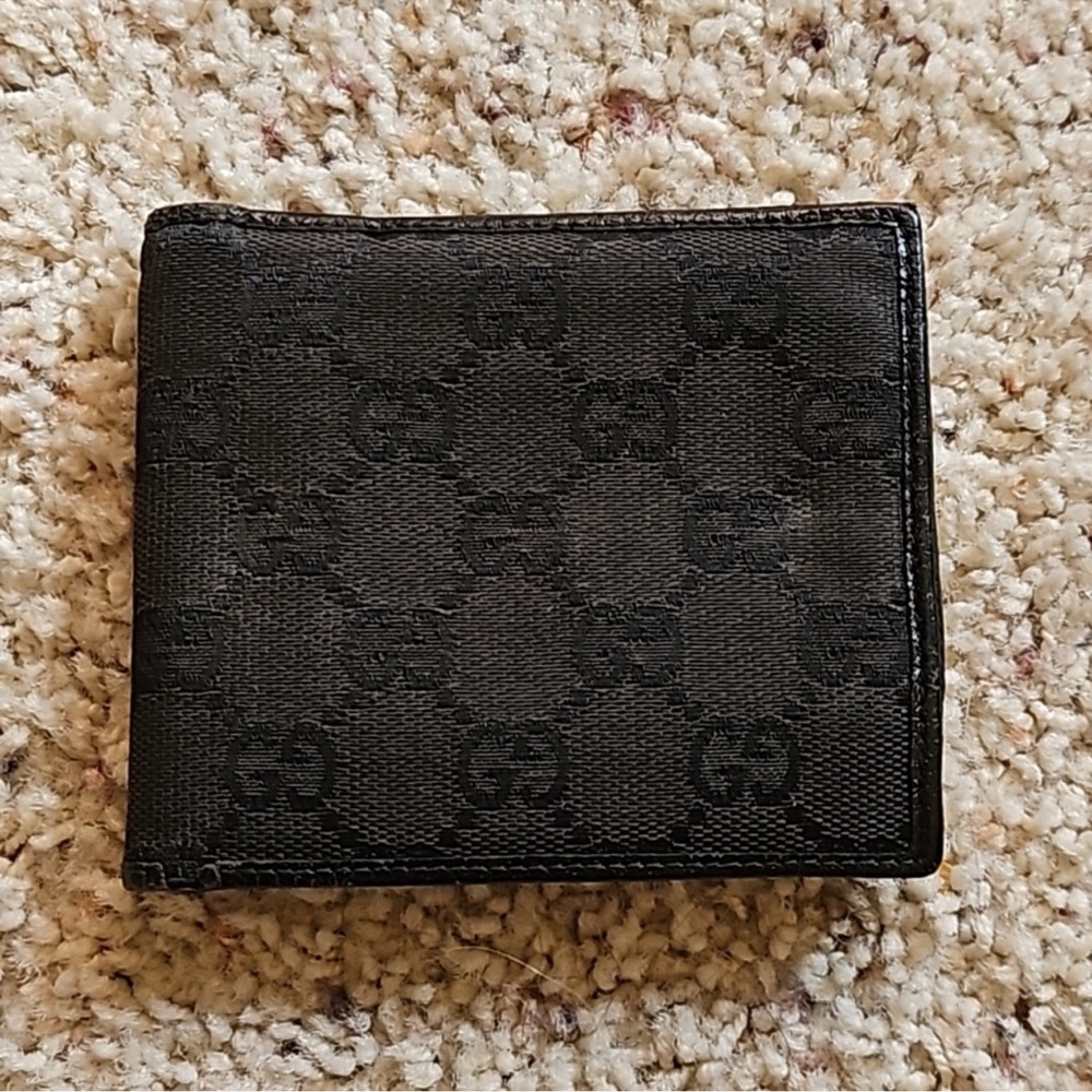 Gucci Black Classic Leather Trim Canvas Bifold Wallet